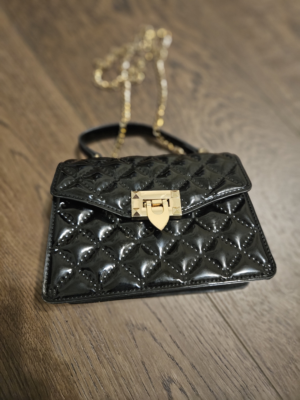 Olivia Miller Black Quilted Patent Crossbody with Gold Chain
